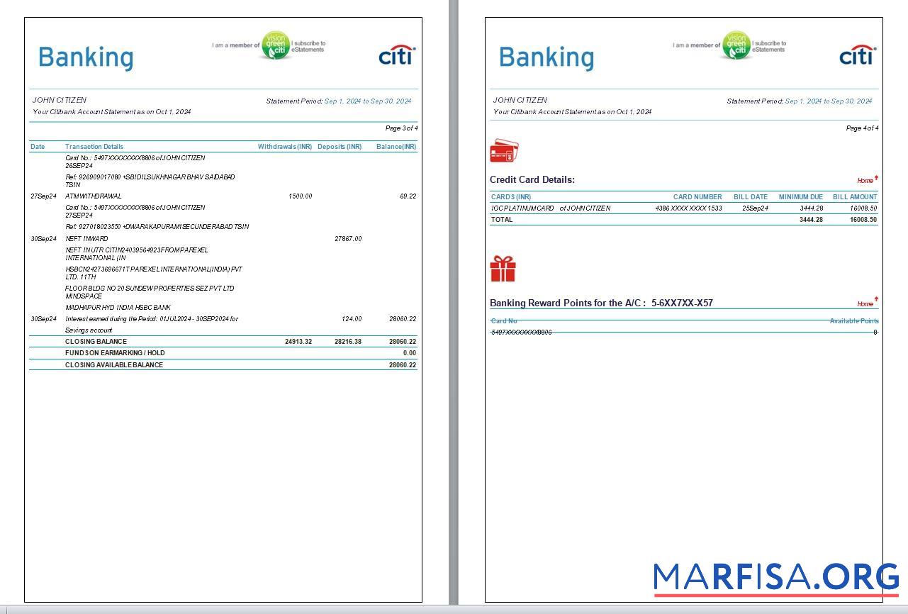 Blank India Citibank bank statement word 6 pages, 3 4 pages real example